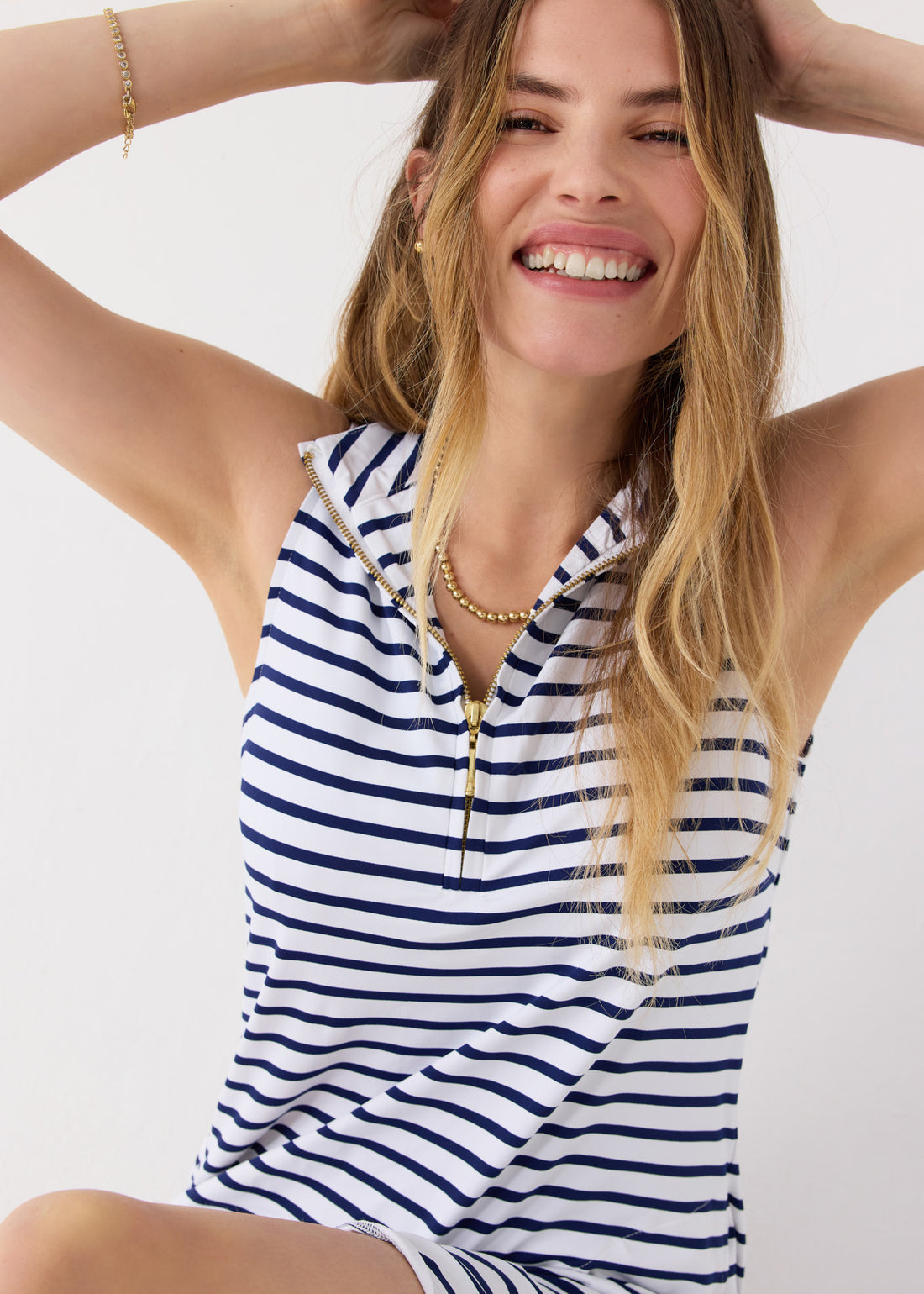 Cabana Life Navy Stripe 1/4 Zip Sleeveless Performance Sport Dress