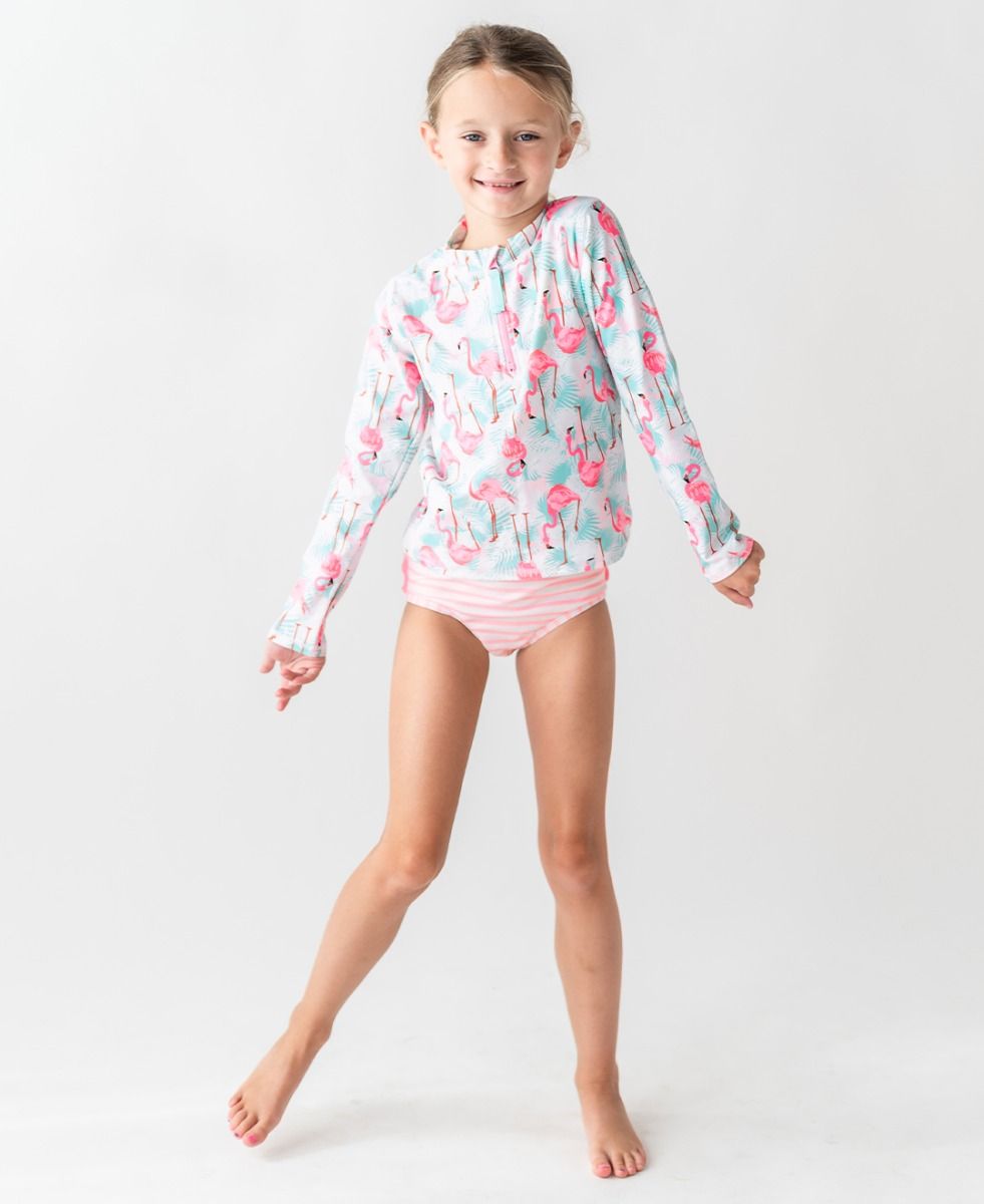 Ruffle Butts Flamingo Long Sleeve Zipper Rash Guard 2-Piece Swimsuit