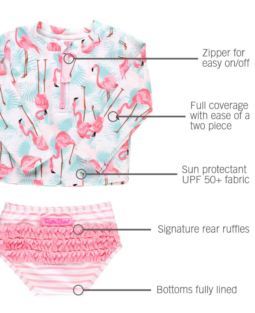 Ruffle Butts Flamingo Long Sleeve Zipper Rash Guard 2-Piece Swimsuit