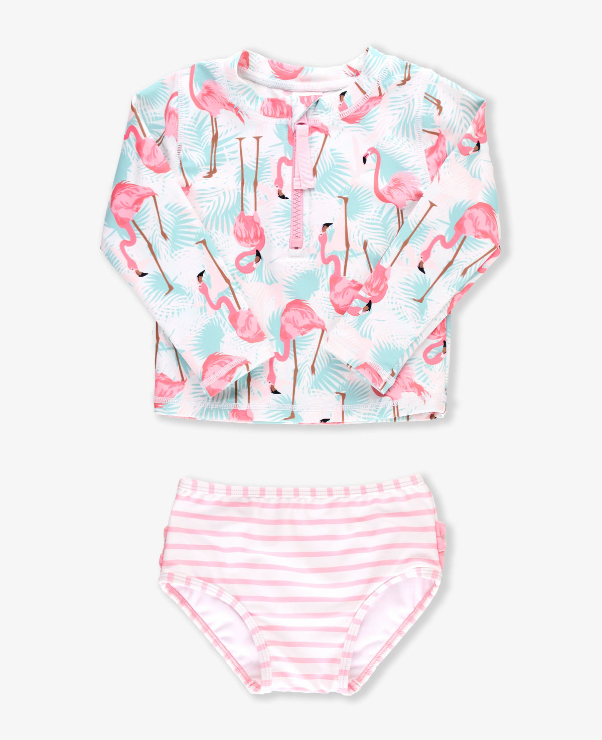 Ruffle Butts Flamingo Long Sleeve Zipper Rash Guard 2-Piece Swimsuit