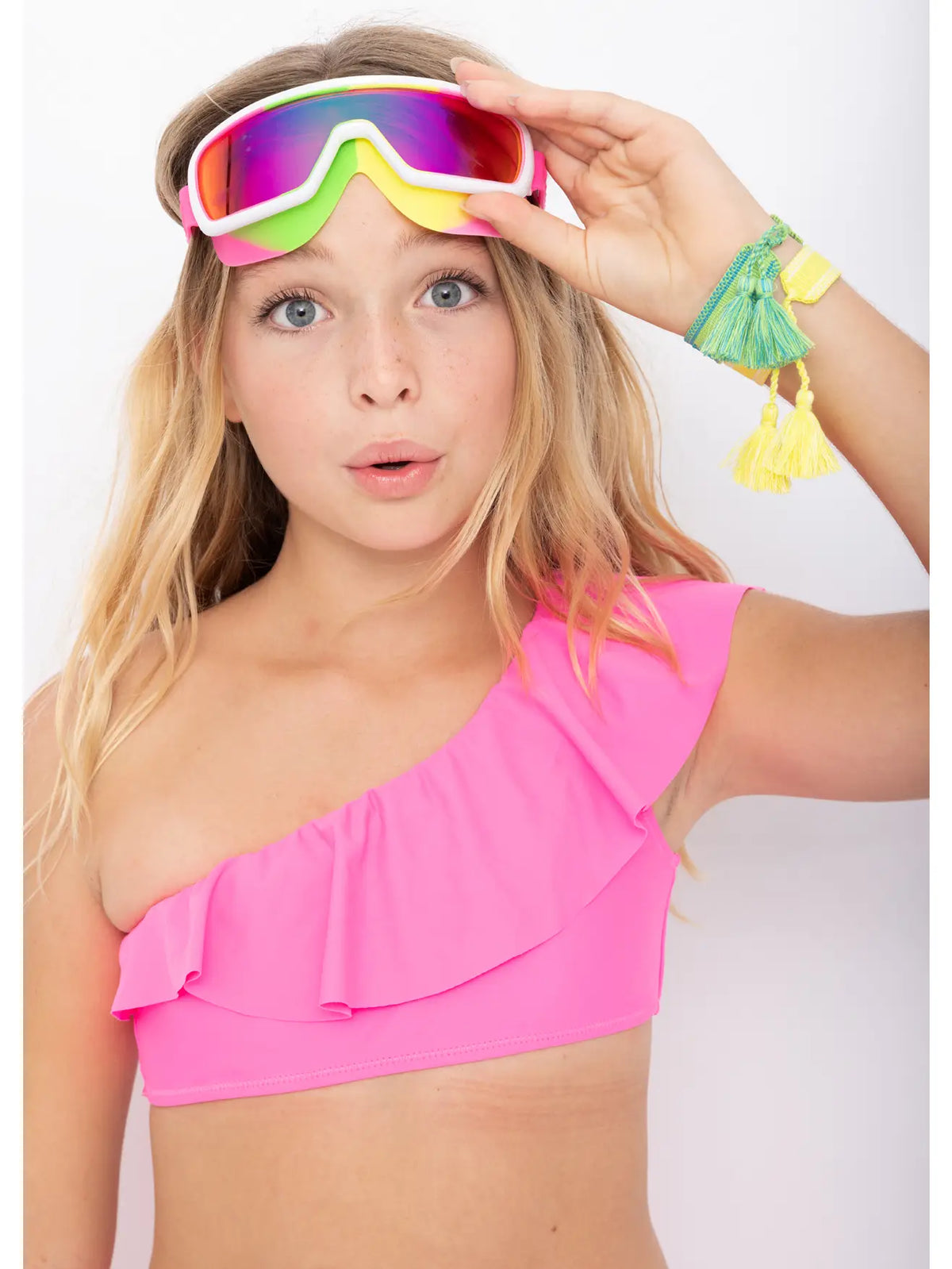 Stella Cove Neon Pink Ruffle One Shoulder Girls Bikini
