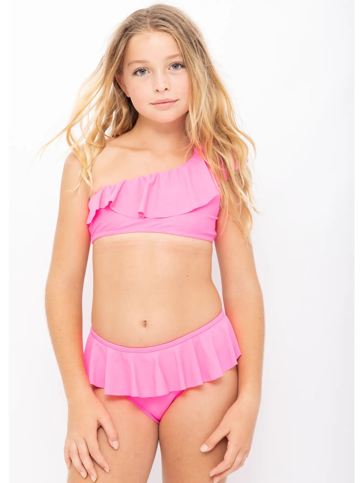 Stella Cove Neon Pink Ruffle One Shoulder Girls Bikini