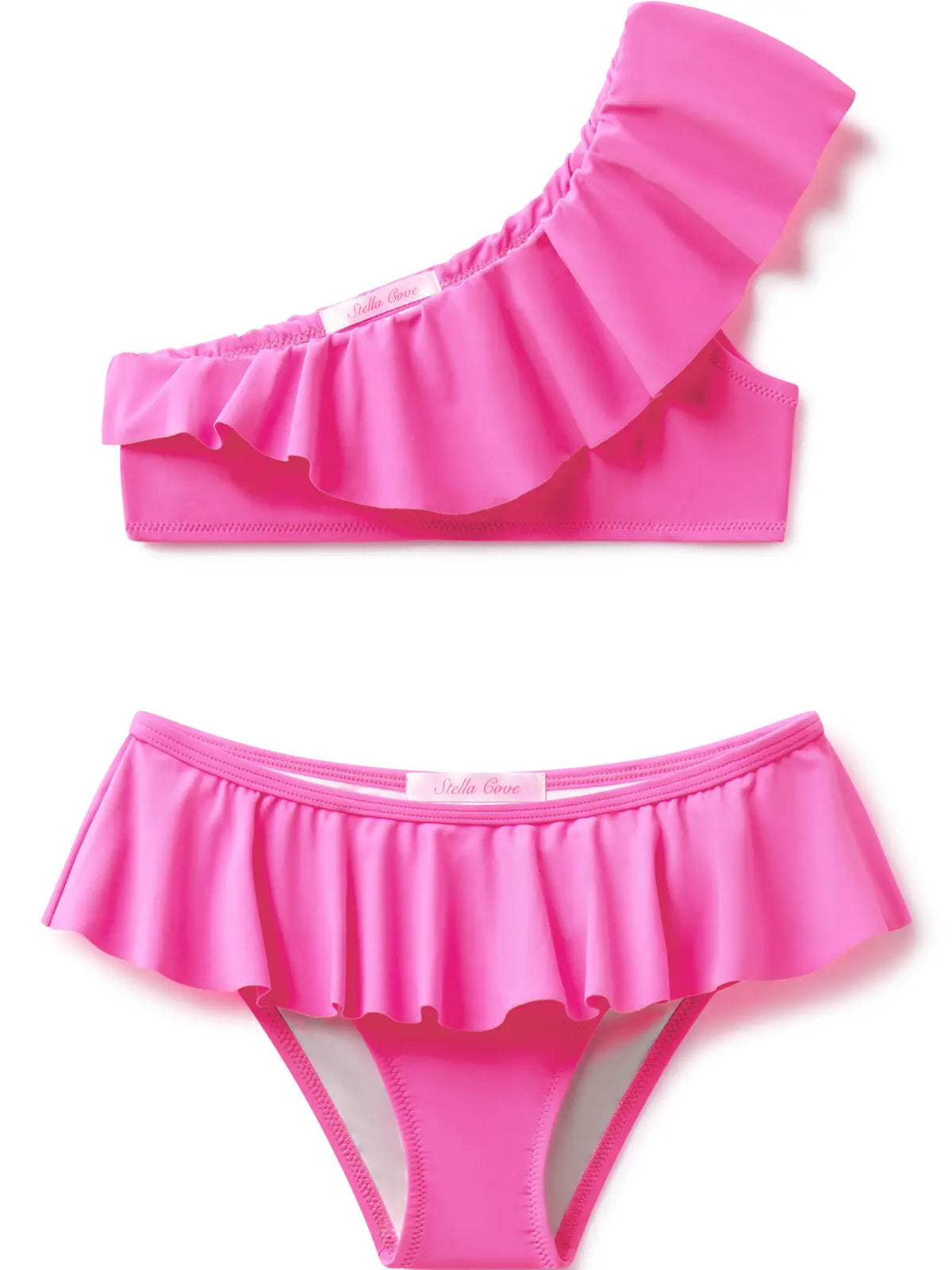 Stella Cove Neon Pink Ruffle One Shoulder Girls Bikini