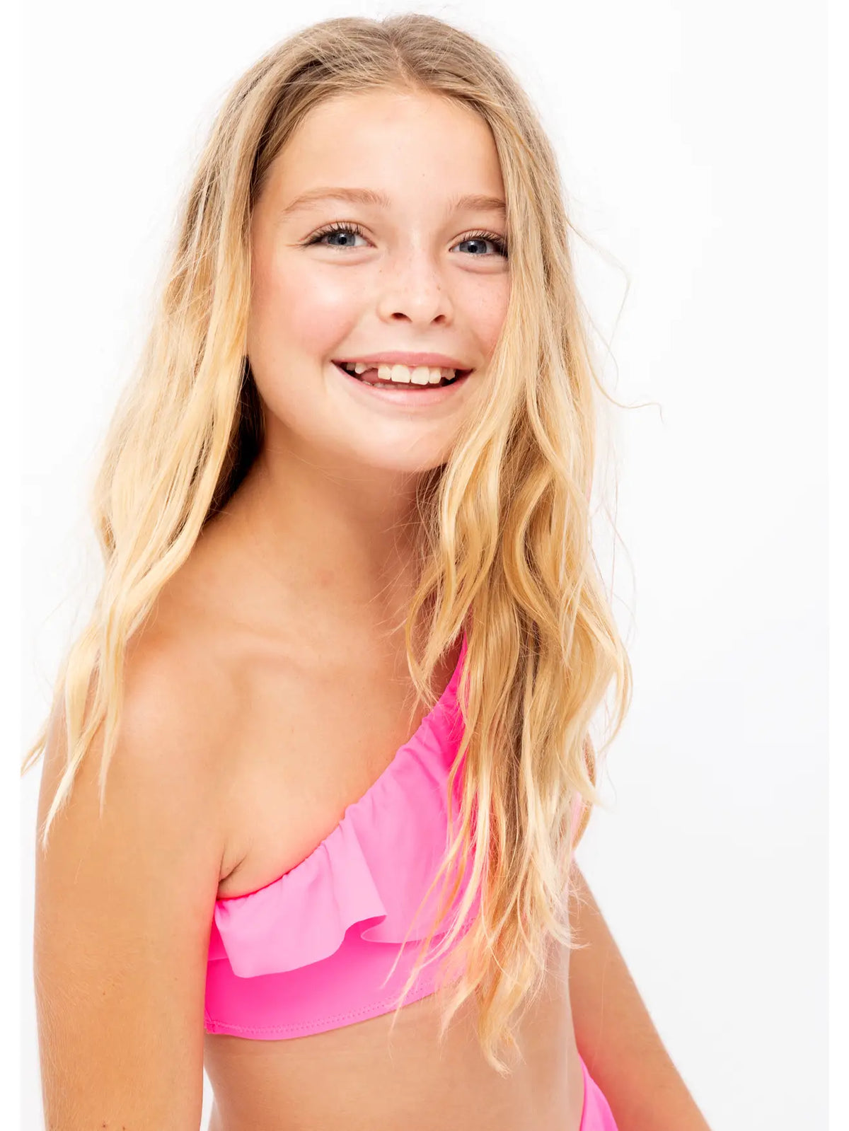 Stella Cove Neon Pink Ruffle One Shoulder Girls Bikini