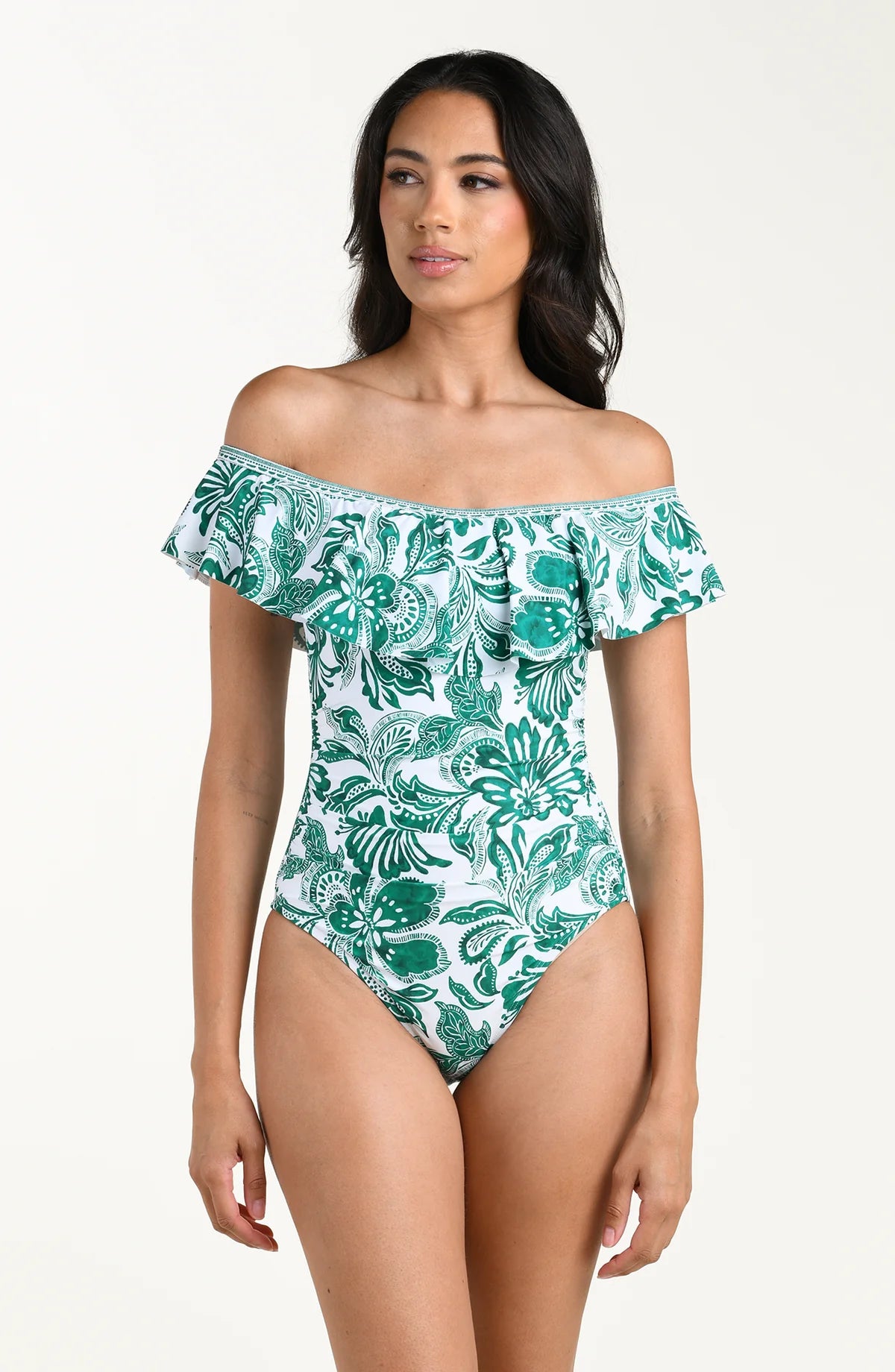 La Blanca Botanical Brocade Jungle Off The Shoulder Ruffle One Piece