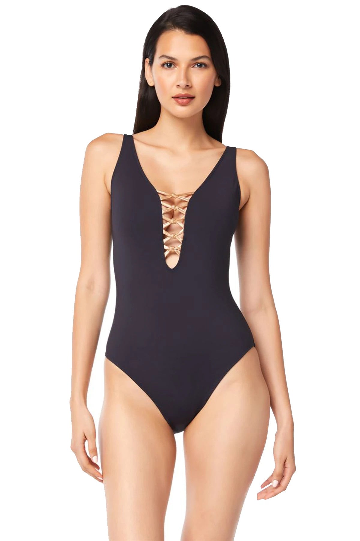 Bleu Rod Beattie Let's Get Knotty Black/Rose Gold Lace Down One Piece