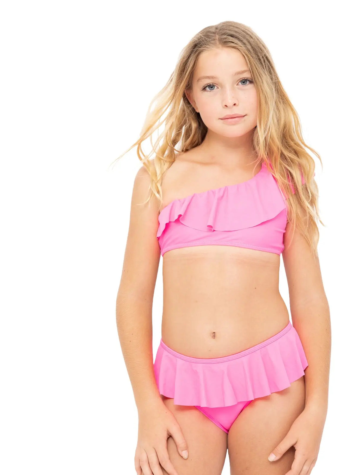 Stella Cove Neon Pink Ruffle One Shoulder Girls Bikini