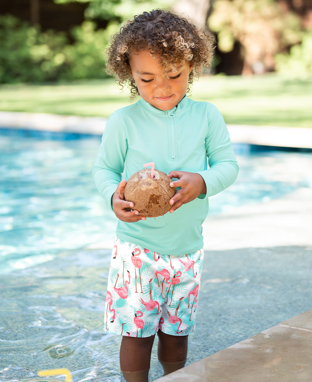 Ruffle Butts Flamingo Boys Swim Trunks